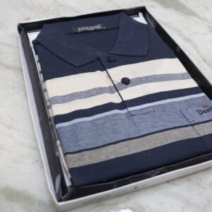 Men’s Navy Striped Polo Shirt – Classic & Comfortable Casual Wear