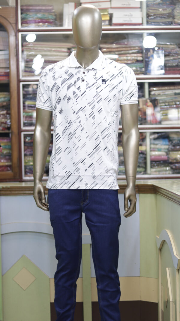 Men’s White Polo Shirt with Modern Black Print - Image 2