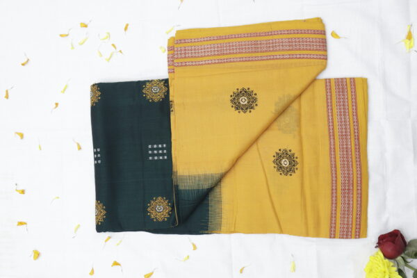 Handwoven Cotton Saree – Deep Green & Mustard - Image 3