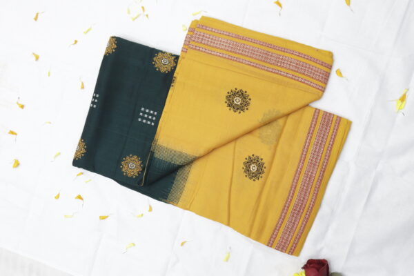 Handwoven Cotton Saree – Deep Green & Mustard - Image 4