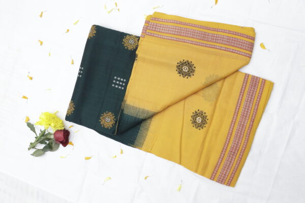 Handwoven Cotton Saree – Deep Green & Mustard - Image 5