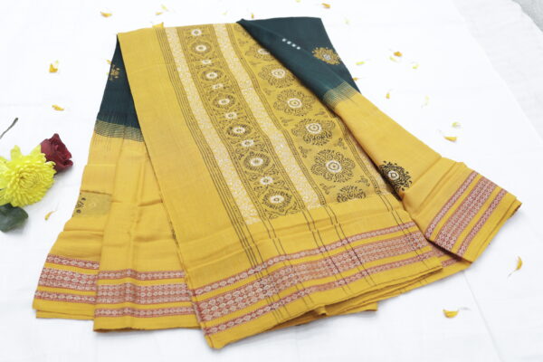 Handwoven Cotton Saree – Deep Green & Mustard - Image 7