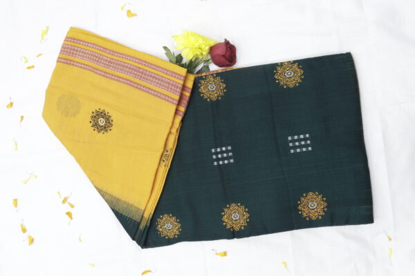 Handwoven Cotton Saree – Deep Green & Mustard - Image 8