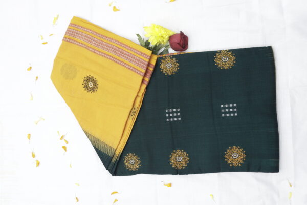 Handwoven Cotton Saree – Deep Green & Mustard - Image 9