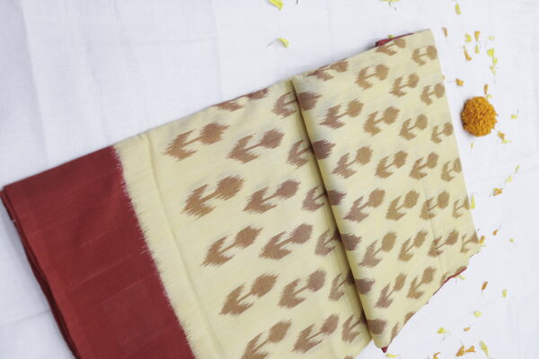 Handwoven Ikat Cotton Saree with Rust Border – Elegant Traditional Wear - Image 6