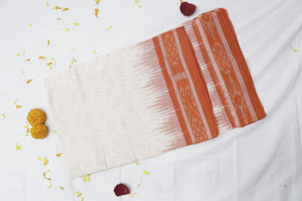 Handwoven Ikat Cotton Saree – Beige & Rust Brown - Image 7