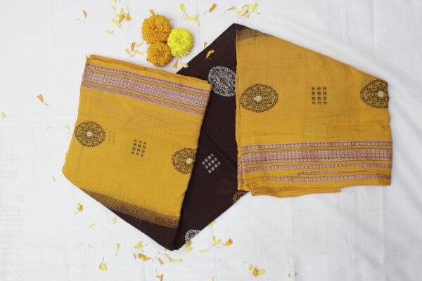 Handwoven Cotton Saree – Mustard & Deep Brown - Image 3