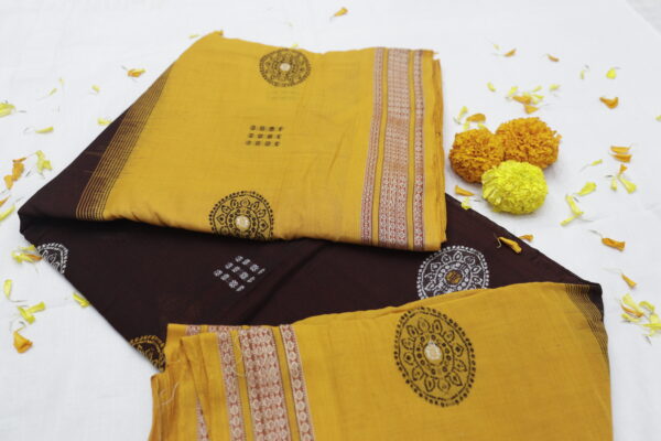 Handwoven Cotton Saree – Mustard & Deep Brown - Image 2