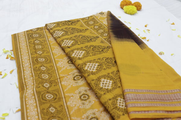 Handwoven Cotton Saree – Mustard & Deep Brown - Image 7
