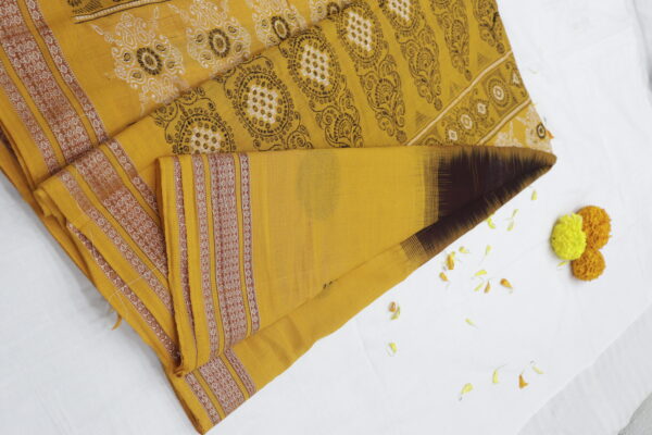 Handwoven Cotton Saree – Mustard & Deep Brown - Image 5
