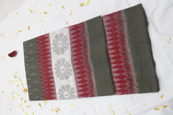 Handwoven Ikat Cotton Saree – Olive Green & Maroon Elegance - Image 2