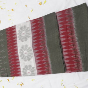 Handwoven Ikat Cotton Saree – Olive Green & Maroon Elegance