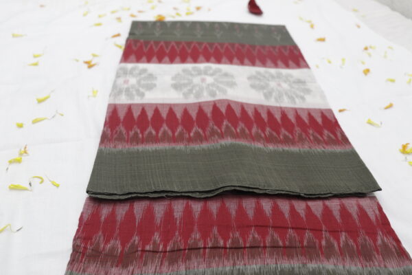 Handwoven Ikat Cotton Saree – Olive Green & Maroon Elegance - Image 3