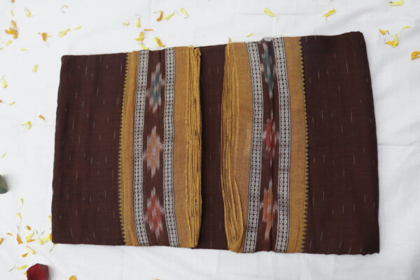 Handwoven cotton saree in deep brown with intricate mustard - Image 3