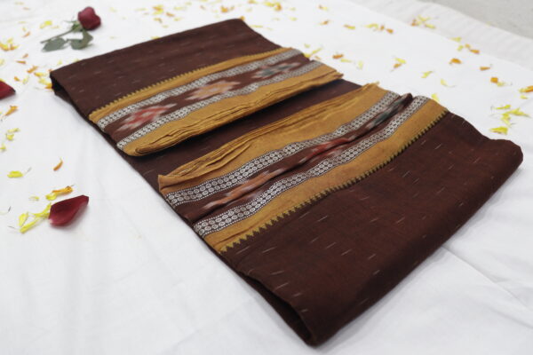 Handwoven cotton saree in deep brown with intricate mustard - Image 2