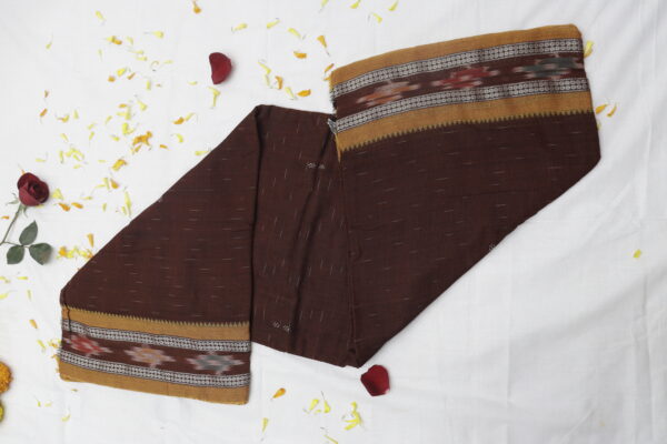 Handwoven cotton saree in deep brown with intricate mustard - Image 4