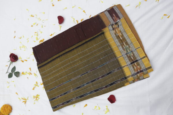 Handwoven Cotton Saree – Earthy Olive & Brown - Image 3