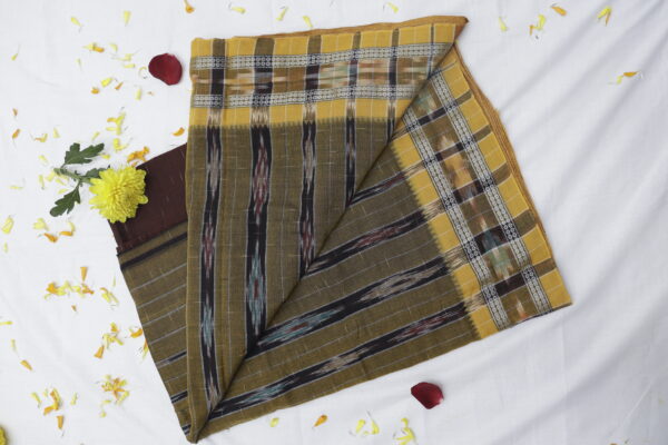 Handwoven Cotton Saree – Earthy Olive & Brown - Image 4
