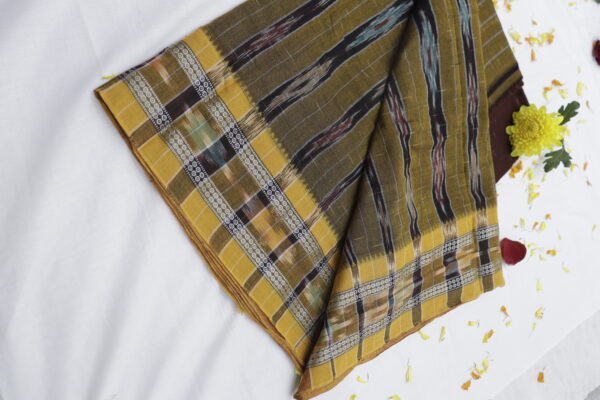 Handwoven Cotton Saree – Earthy Olive & Brown - Image 2