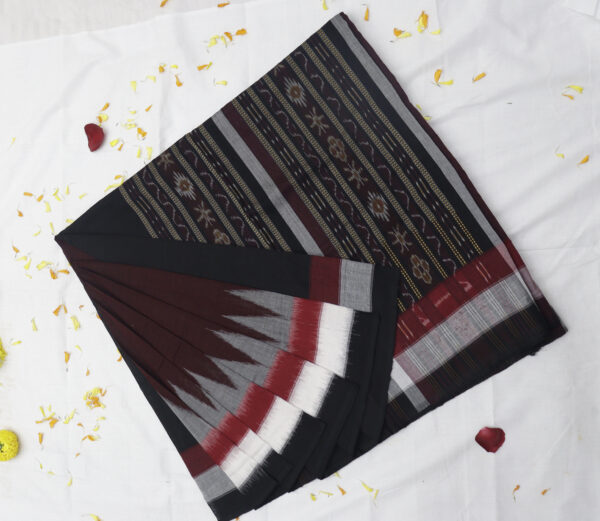 Elegant Black & Maroon Handwoven Ikat Cotton Saree - Image 5
