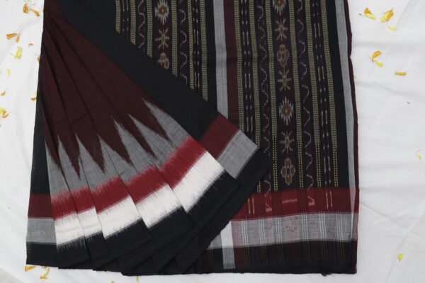 Elegant Black & Maroon Handwoven Ikat Cotton Saree - Image 8