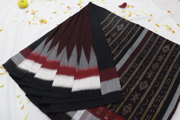 Elegant Black & Maroon Handwoven Ikat Cotton Saree - Image 9