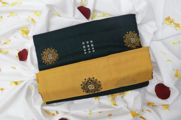 Handwoven Cotton Saree – Deep Green & Mustard - Image 2