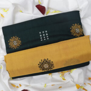Handwoven Cotton Saree – Deep Green & Mustard