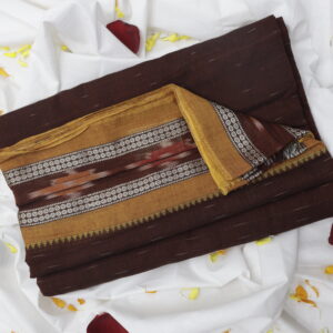 Handwoven cotton saree in deep brown with intricate mustard