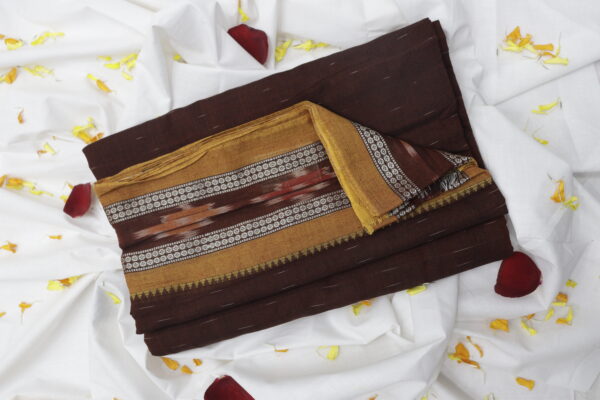 Handwoven cotton saree in deep brown with intricate mustard