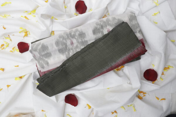 Handwoven Olive Green & White Ikat Cotton Saree