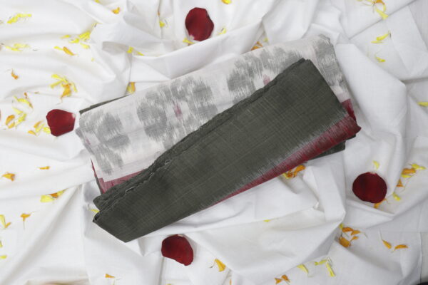 Handwoven Olive Green & White Ikat Cotton Saree - Image 2