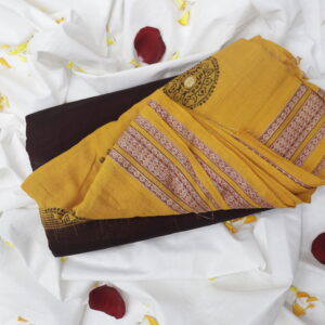 Handwoven Cotton Saree – Mustard & Deep Brown