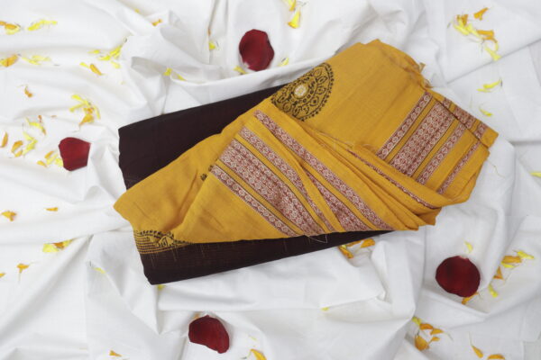 Handwoven Cotton Saree – Mustard & Deep Brown